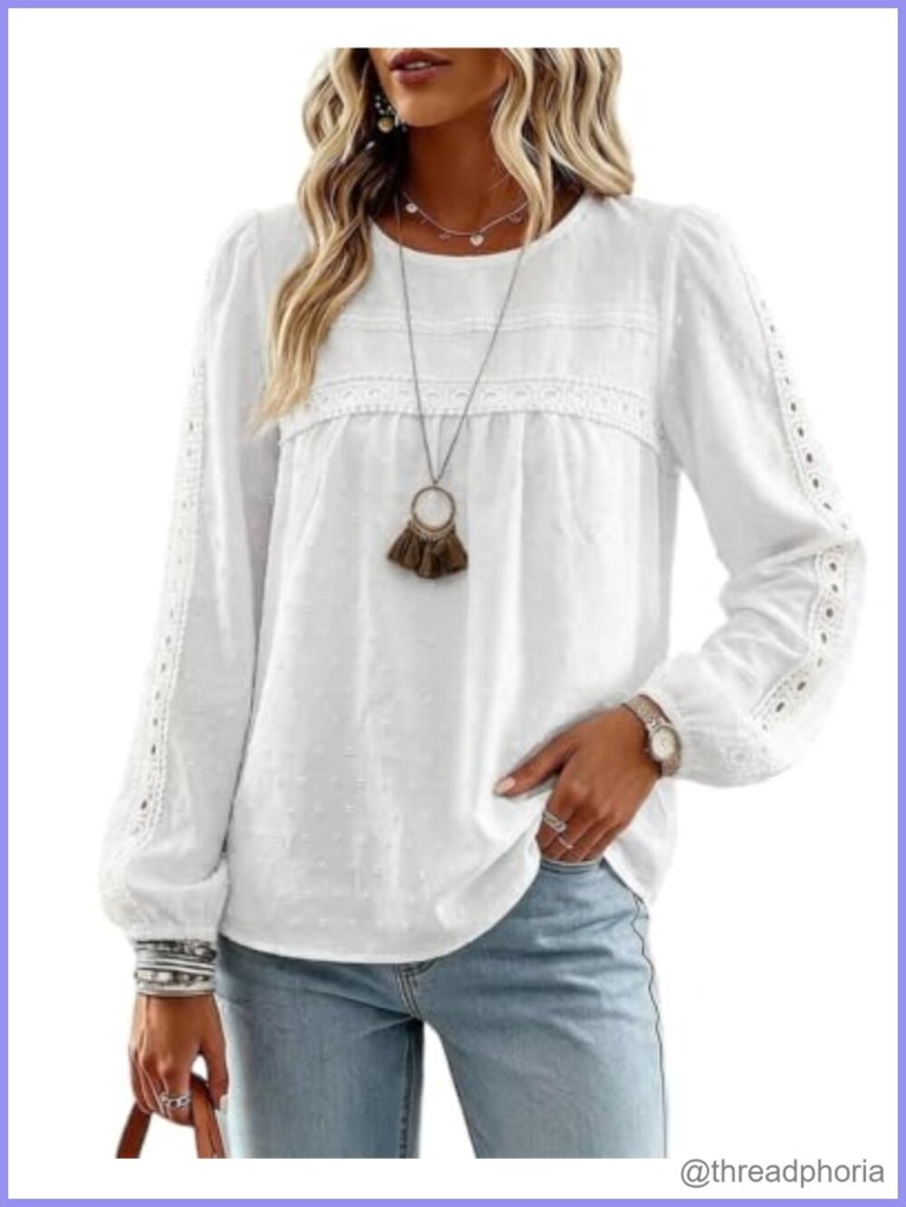 Womens Long Sleeve Tunic Top Boho Lace Trim Crewneck Loose Fit Casual Blouse